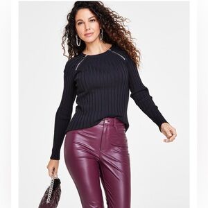 INC  Zipper-Detail Raglan Sleeve Sweater, Deep Black L